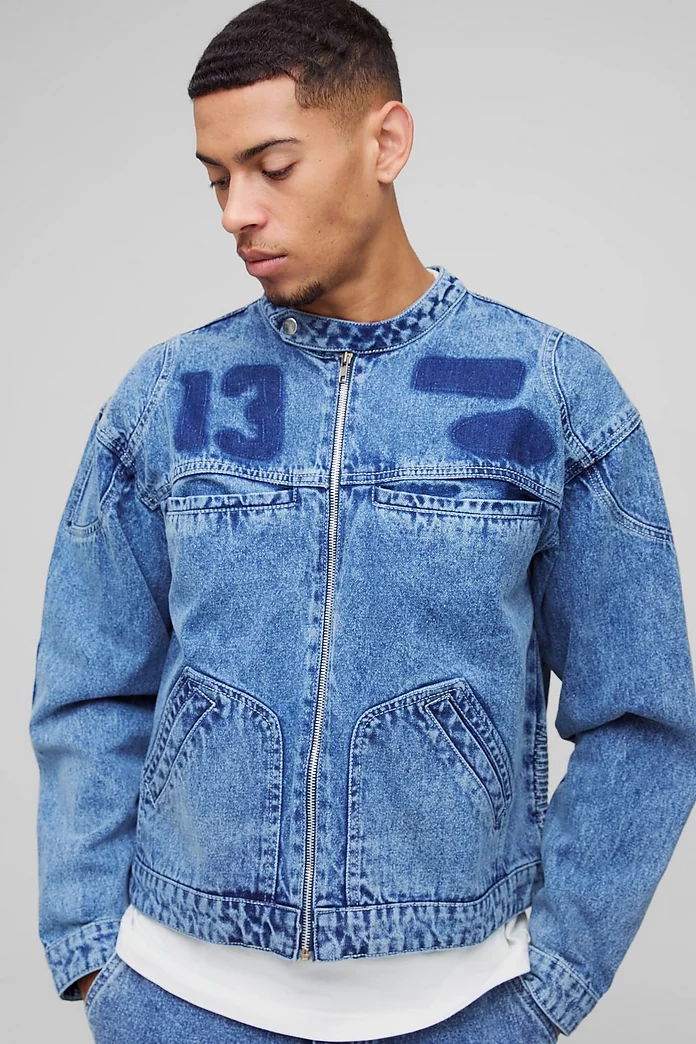 Denim Varsity Boxy Biker Eyelet Detail Jacket | boohooMAN USA Denim Varsity Boxy Biker Eyelet Detail Jacket | boohooMAN USA